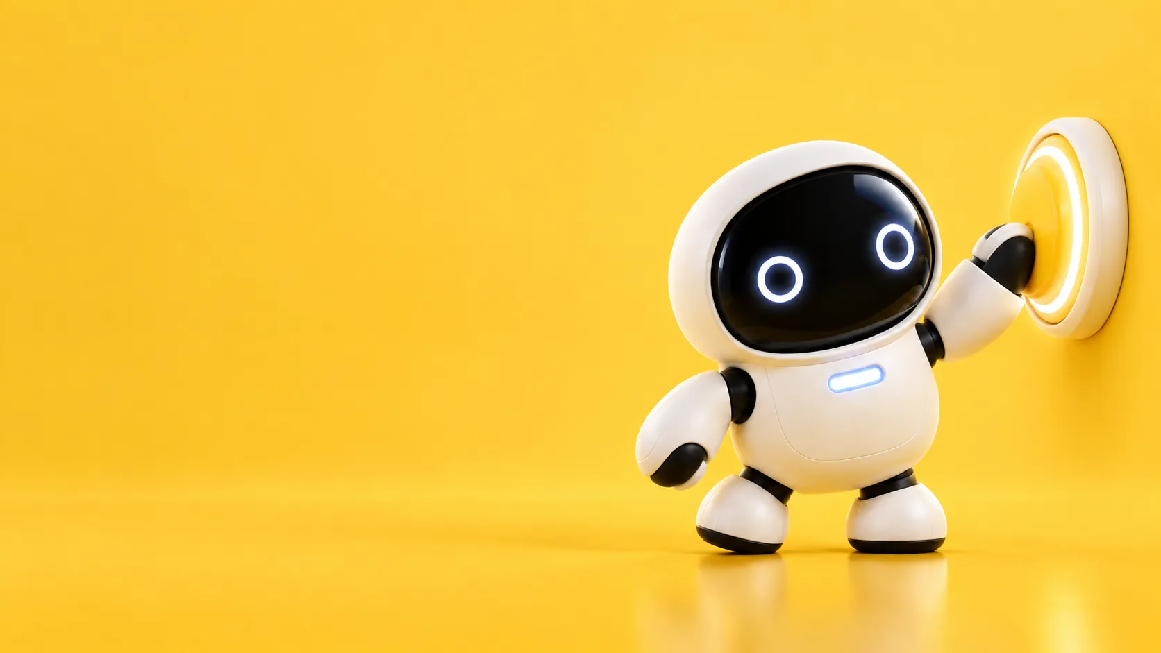 Pequeño robot blanco de visor oscuro apretando un botón luminoso, sobre un fondo amarillo
