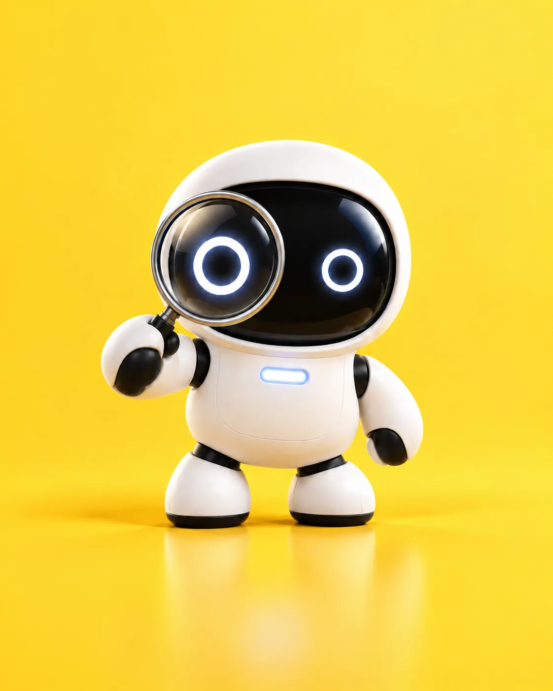 El robot de Mostrilio mirando por una lupa, sobre un fondo amarillo
